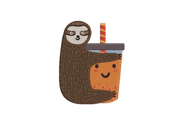 Cute Sloth Hugging a Bubble Tea: An Embroidered Delight